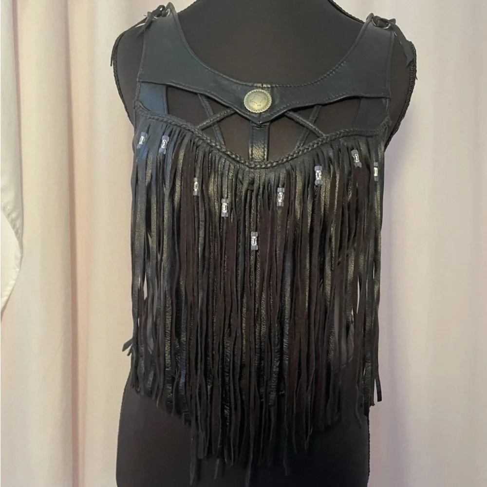 On The Fringe Leather Top/Biker/Gothic/Beaded Fringe - Picture 1 of 10